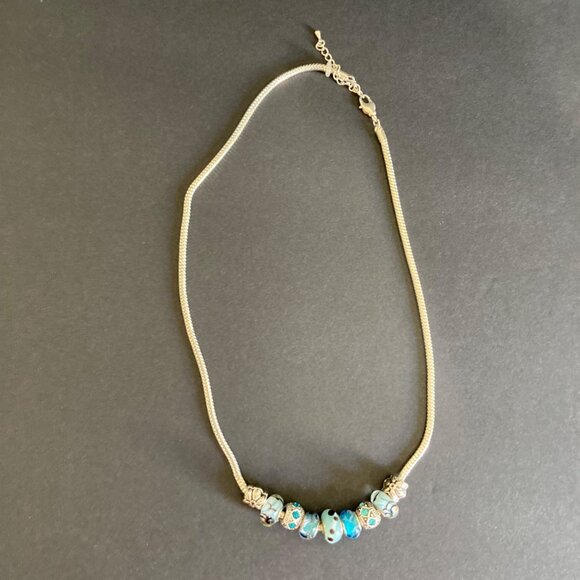 Snake Chain Necklace With Blue Glass Beads - Picture 2 of 5